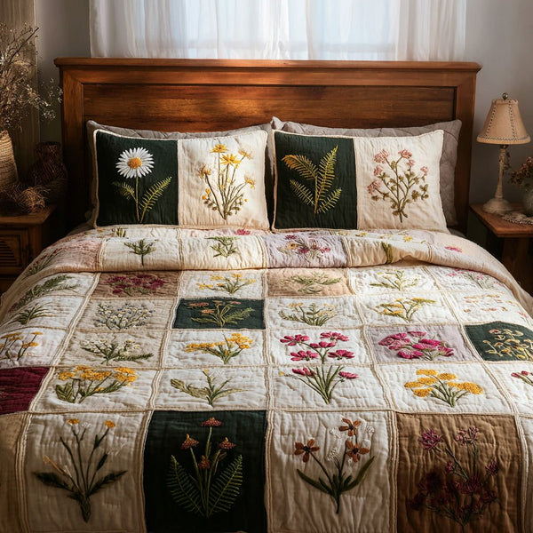 Herb Garden quilted 3-piece bedding set on a made bed with two matching pillow shams