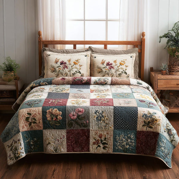 Herbal Hexagons quilted 3-piece bedding set on a made bed with two matching pillow shams