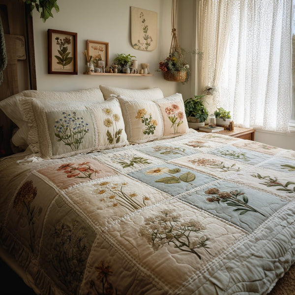 Herbarium Dreams quilted 3-piece bedding set on a made bed with two matching pillow shams