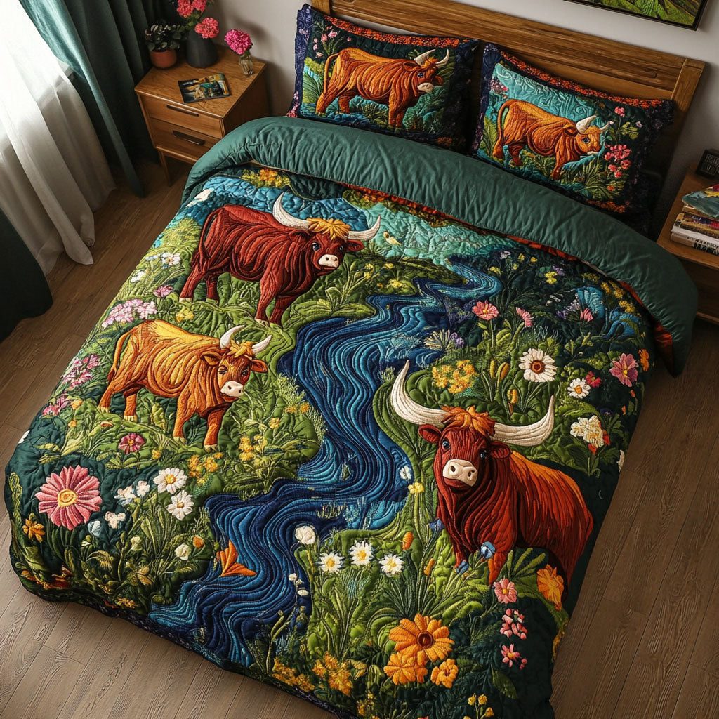 Herd in Bloom quilted 3-piece bedding set on a made bed with two matching pillow shams