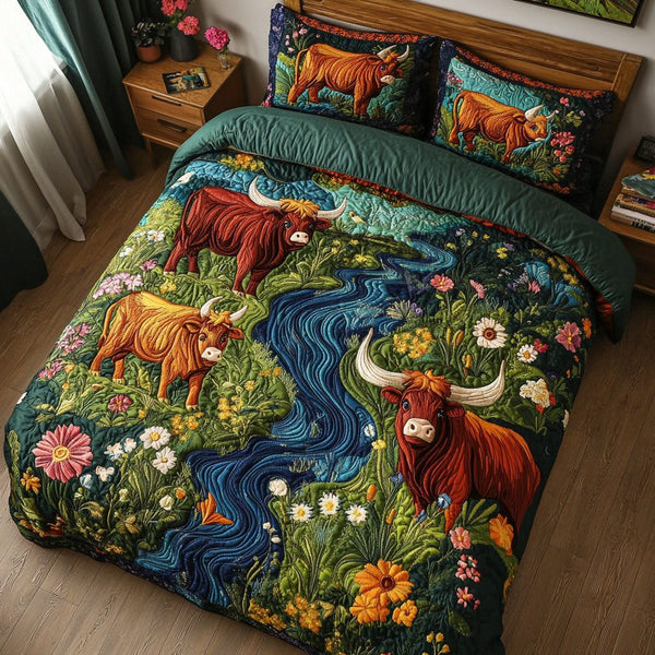 Herd in Bloom quilted 3-piece bedding set on a made bed with two matching pillow shams