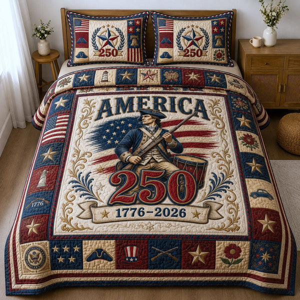 Heritage America 250 quilted 3-piece bedding set on a made bed in a warmly lit bedroom