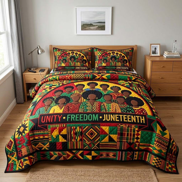 Heritage Arch quilted 3-piece bedding set on a made bed in a farmhouse bedroom