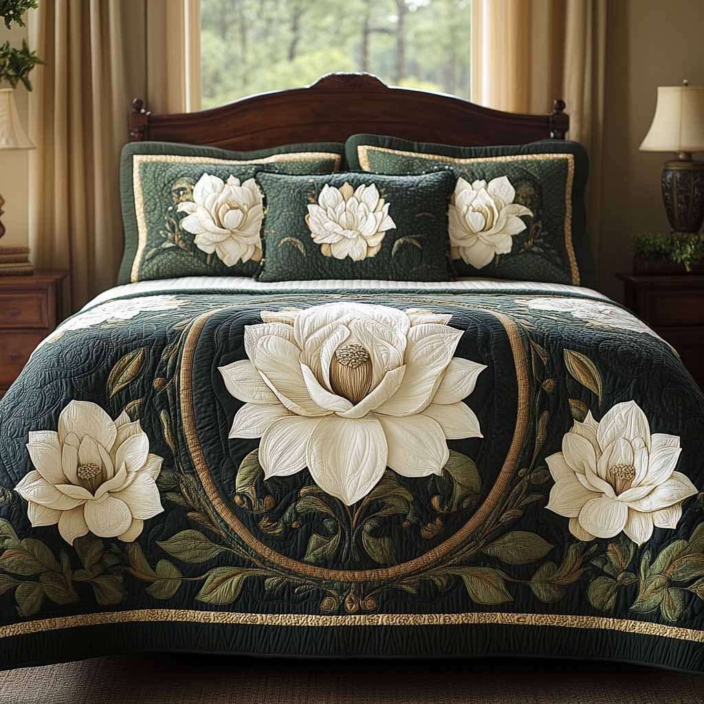 Heritage Bloom quilted 3-piece bedding set on a made bed in a farmhouse bedroom