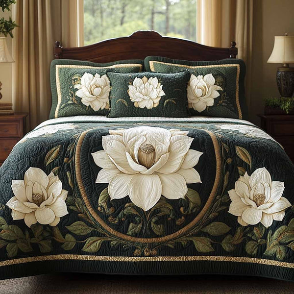Heritage Bloom quilted 3-piece bedding set on a made bed in a farmhouse bedroom