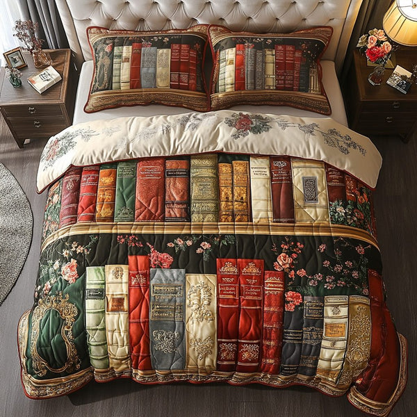 Heritage Books quilted 3-piece bedding set on a made bed in a farmhouse bedroom