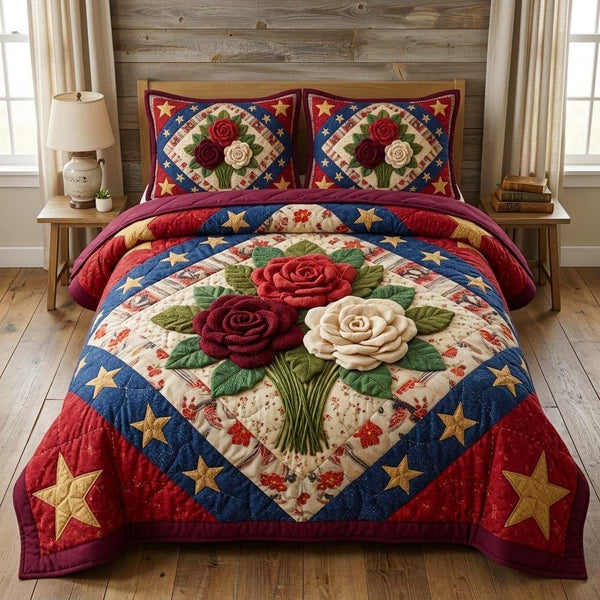 Heritage Bouquet quilted 3-piece bedding set on a made bed in a farmhouse bedroom