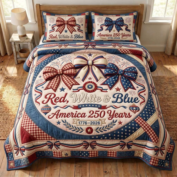 Heritage Bows quilted 3-piece bedding set on a made bed in a farmhouse bedroom