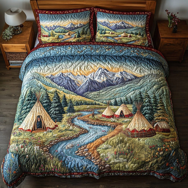 Heritage Camp quilted 3-piece bedding set on a made bed in a farmhouse bedroom