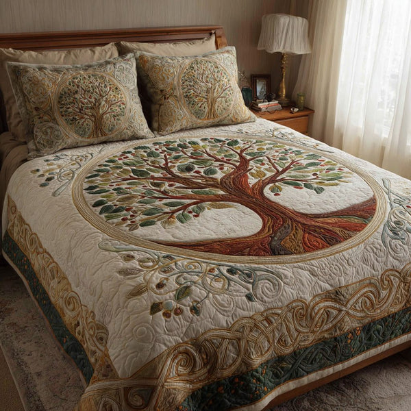 Heritage Circle quilted 3-piece bedding set on a made bed in a farmhouse bedroom