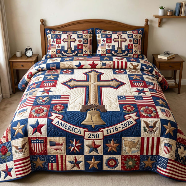 Heritage Cross quilted 3-piece bedding set on a made bed in a softly lit bedroom