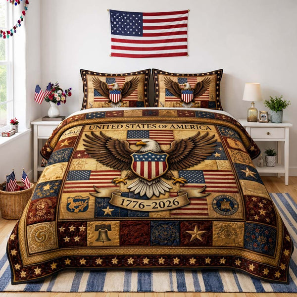 Heritage Eagle quilted 3-piece bedding set on a made bed in a warmly lit bedroom