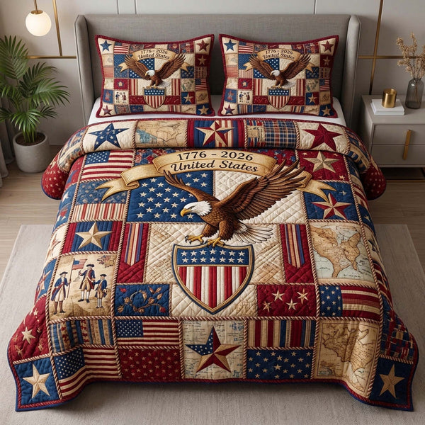 Heritage Eagle quilted 3-piece bedding set on a made bed in a warmly lit bedroom