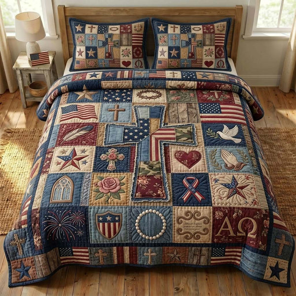 Heritage Faith quilted 3-piece bedding set on a made bed in a softly lit bedroom
