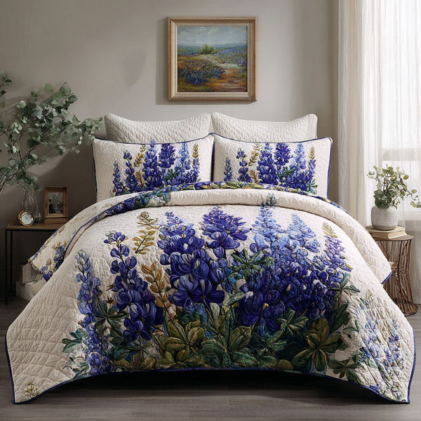 Heritage Field quilted 3-piece bedding set on a made bed in a farmhouse bedroom