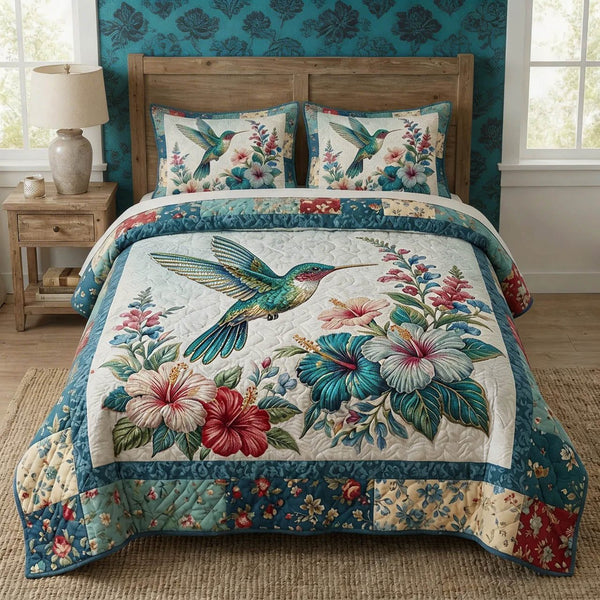 Heritage Floral quilted 3-piece bedding set on a made bed in a farmhouse bedroom