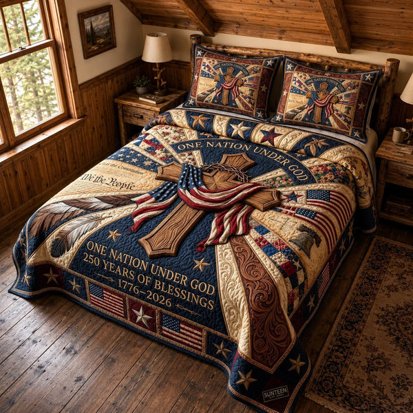 Heritage Glory quilted 3-piece bedding set on a made bed in a farmhouse bedroom