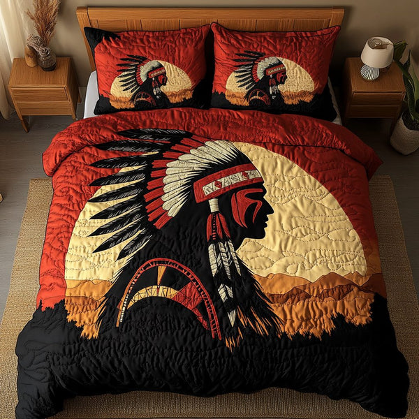 Heritage Glory quilted 3-piece bedding set on a made bed in a farmhouse bedroom