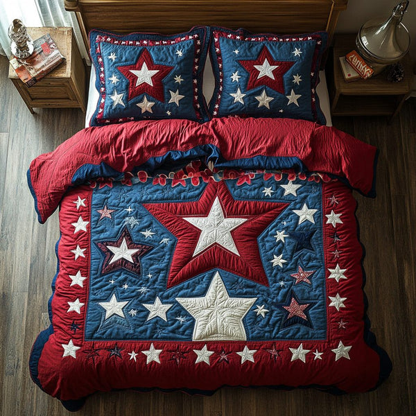Heritage Glow quilted 3-piece bedding set on a made bed in a farmhouse bedroom