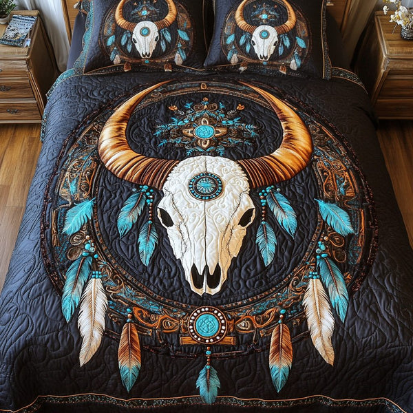 Heritage Glow quilted 3-piece bedding set on a made bed in a farmhouse bedroom