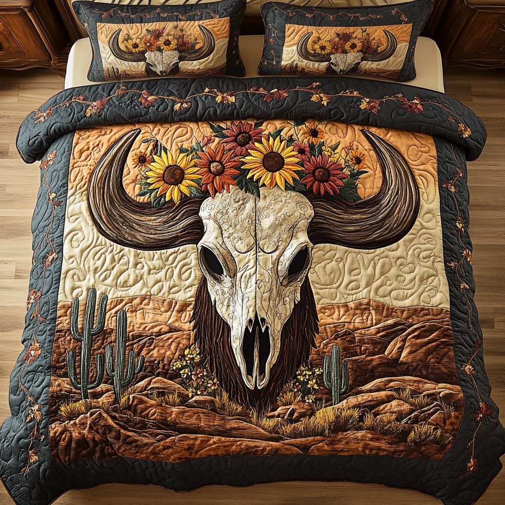 Heritage Glow quilted 3-piece bedding set on a made bed in a farmhouse bedroom