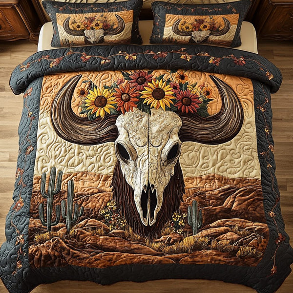Heritage Glow quilted 3-piece bedding set on a made bed in a farmhouse bedroom