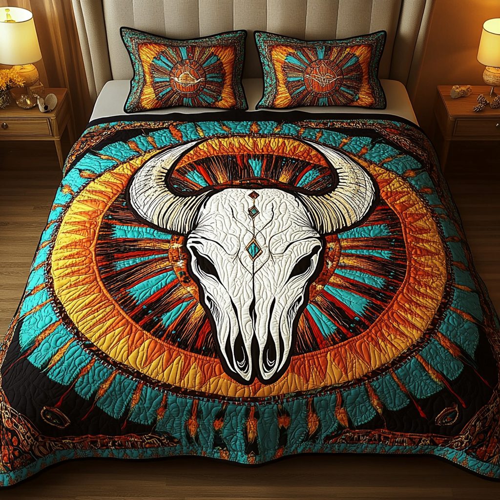 Heritage Glow quilted 3-piece bedding set on a made bed in a farmhouse bedroom