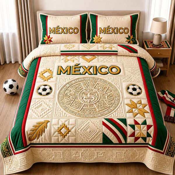 Heritage Gold Mexico quilted 3-piece bedding set on a made bed in a farmhouse bedroom