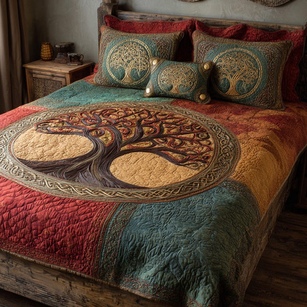 Heritage Grove quilted 3-piece bedding set on a made bed in a farmhouse bedroom