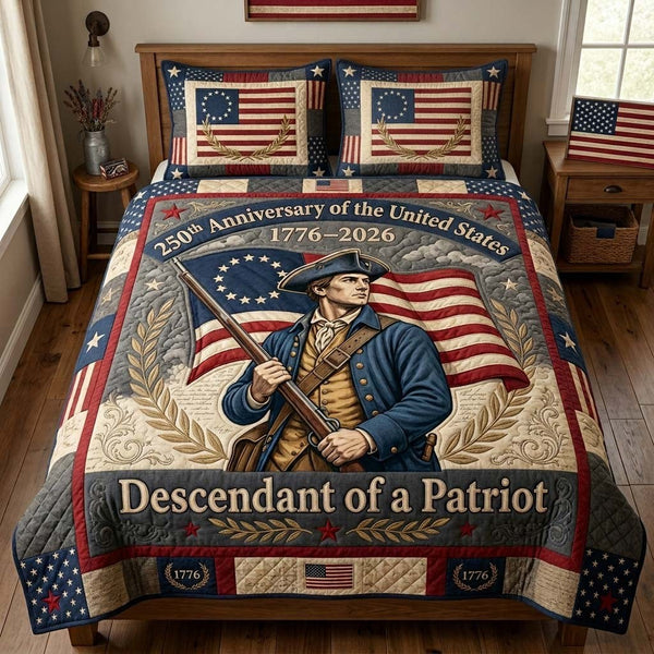 Heritage Guard quilted 3-piece bedding set on a made bed in a farmhouse bedroom