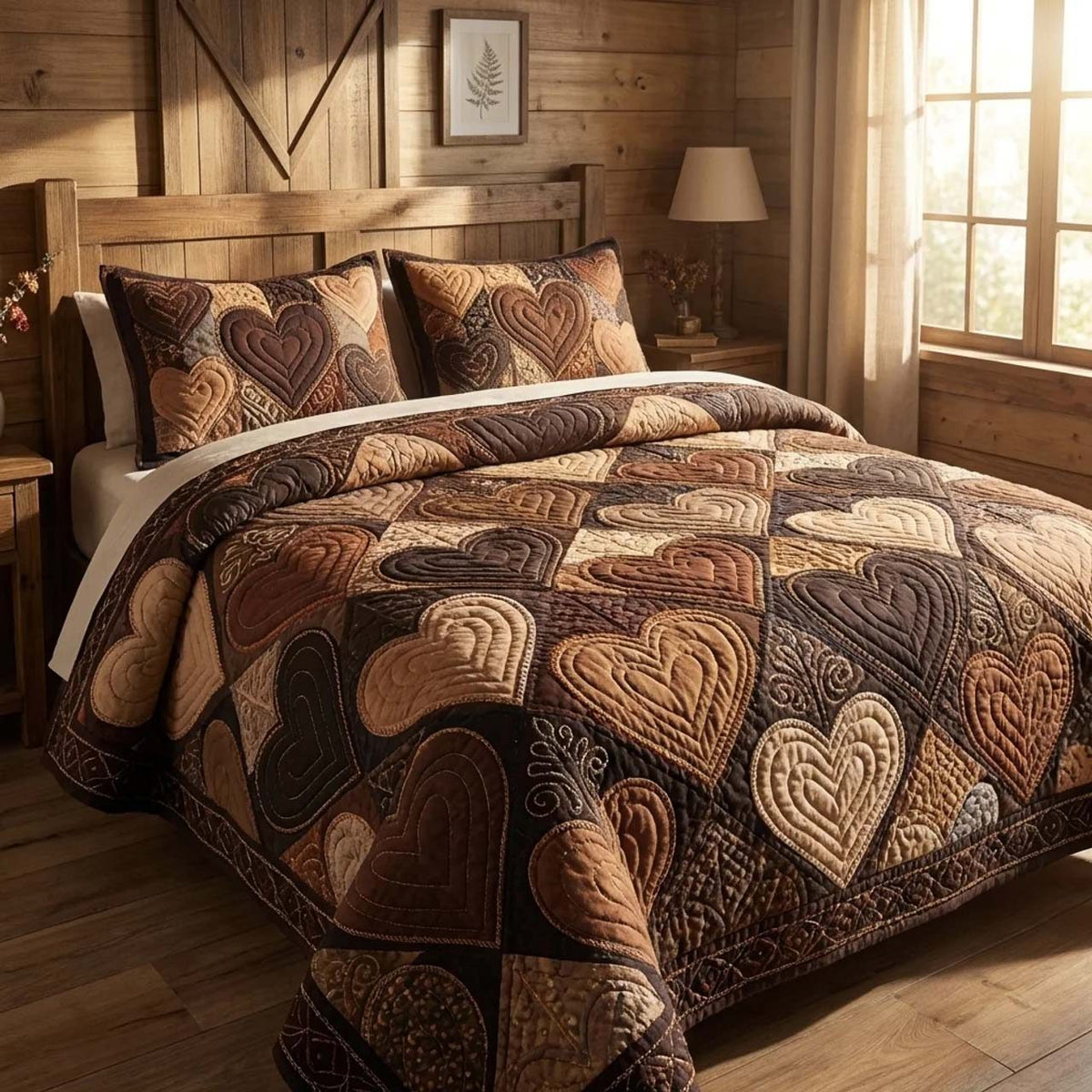 Heritage Heart quilted 3-piece bedding set on a made bed in a farmhouse bedroom