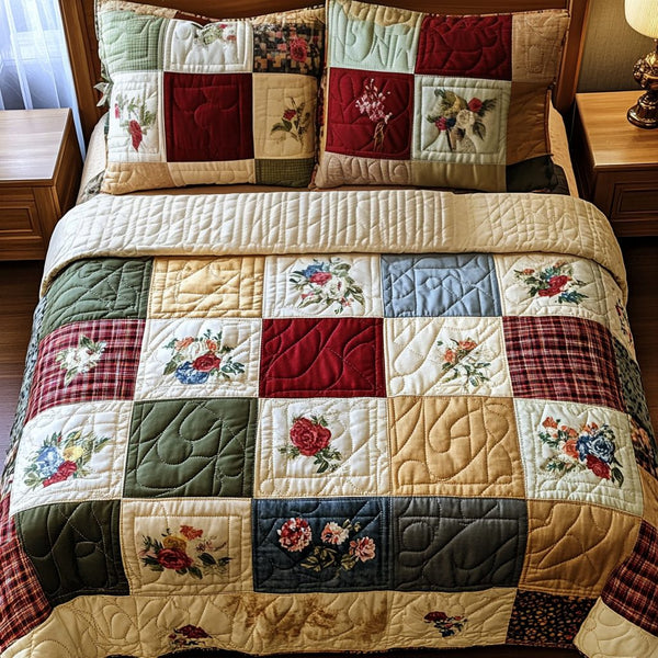 Heritage Hearts quilted 3-piece bedding set on a made bed in a farmhouse bedroom