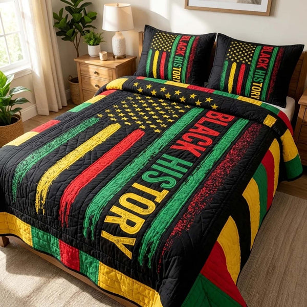 Heritage History quilted 3-piece bedding set on a made bed in a farmhouse bedroom