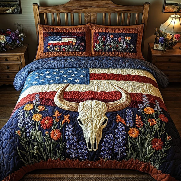 Heritage Horns quilted 3-piece bedding set on a made bed in a farmhouse bedroom