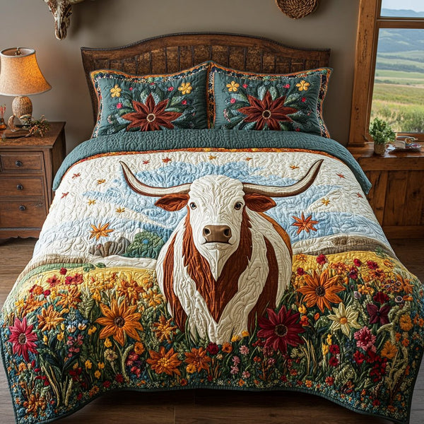 Heritage Horns quilted 3-piece bedding set on a made bed in a farmhouse bedroom