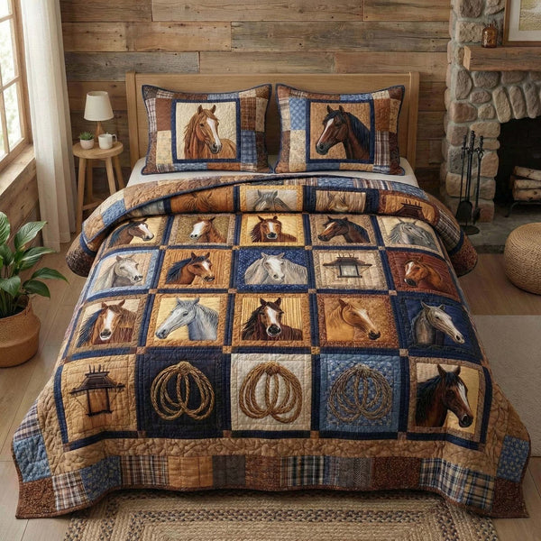 Heritage Horses quilted 3-piece bedding set on a made bed in a rustic timber bedroom