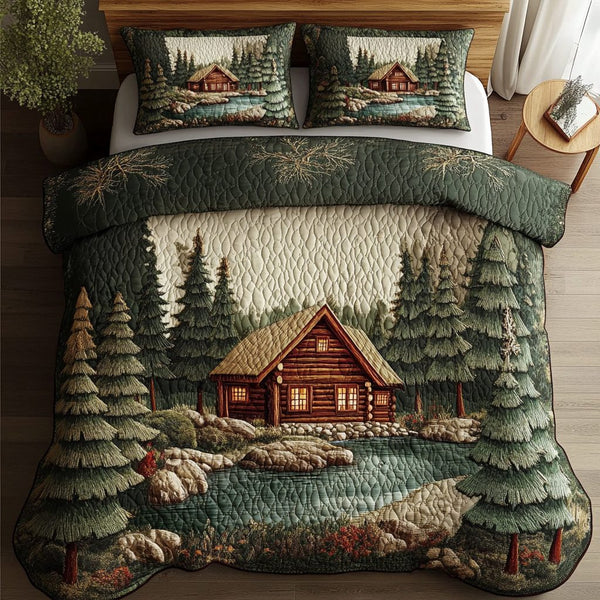 Heritage Log Cabin quilted 3-piece bedding set on a made bed in a farmhouse bedroom