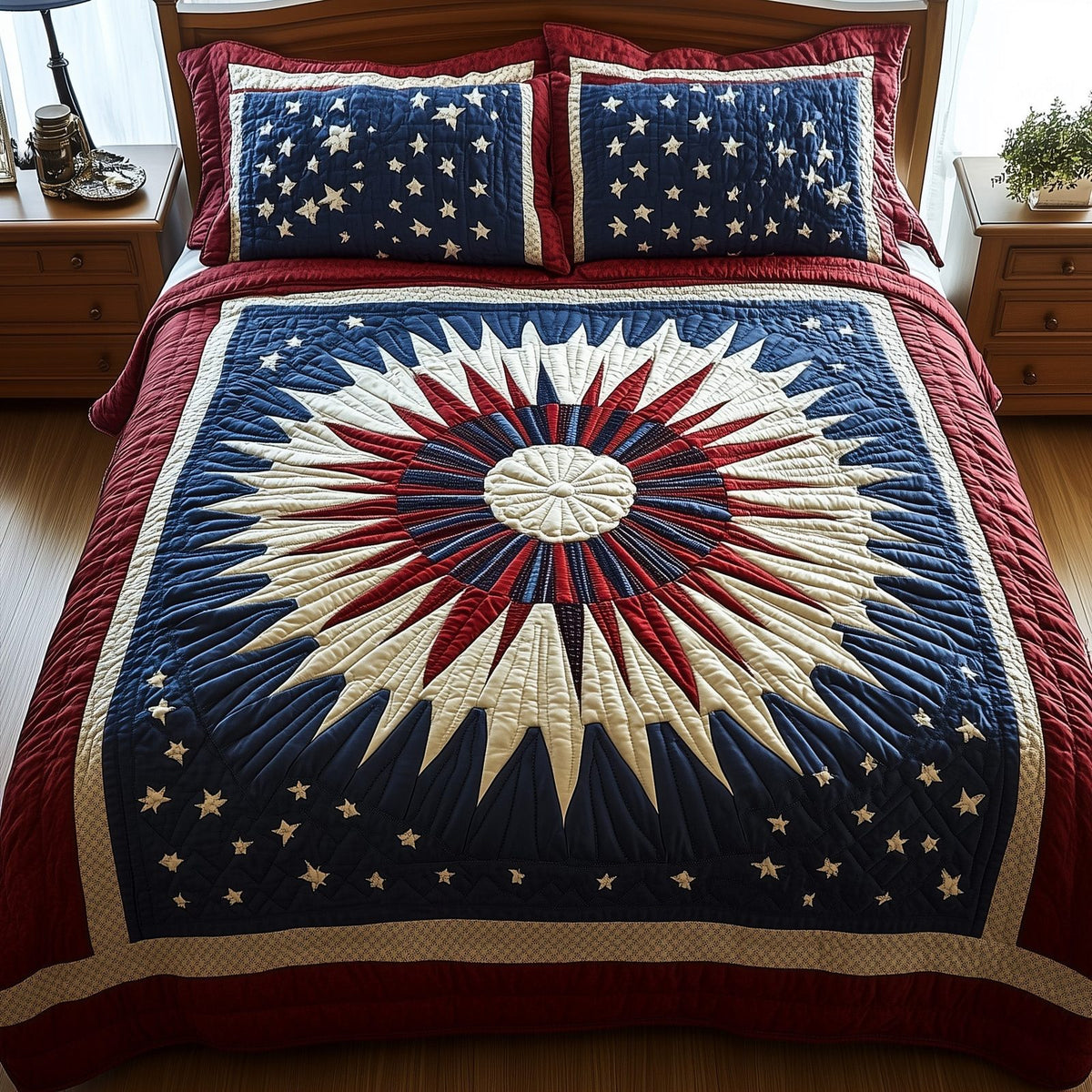Heritage Mandala Bloom quilted 3-piece bedding set on a made bed in a farmhouse bedroom