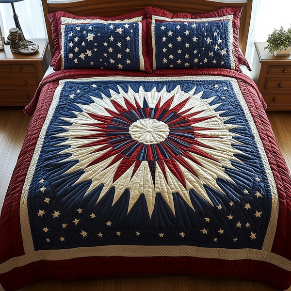 Heritage Mandala Bloom quilted 3-piece bedding set on a made bed in a farmhouse bedroom