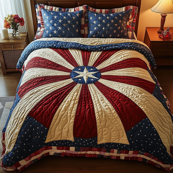 Heritage Mandala Bloom quilted 3-piece bedding set on a made bed in a farmhouse bedroom
