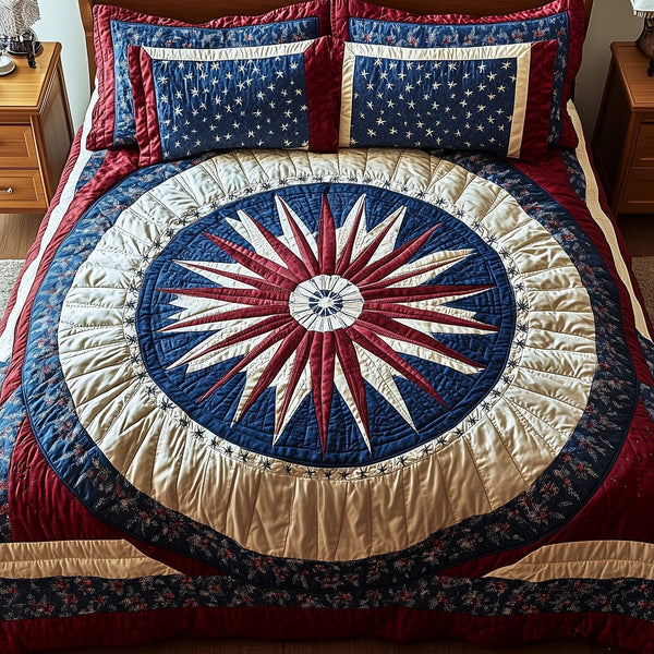 Heritage Mandala Bloom quilted 3-piece bedding set on a made bed in a farmhouse bedroom