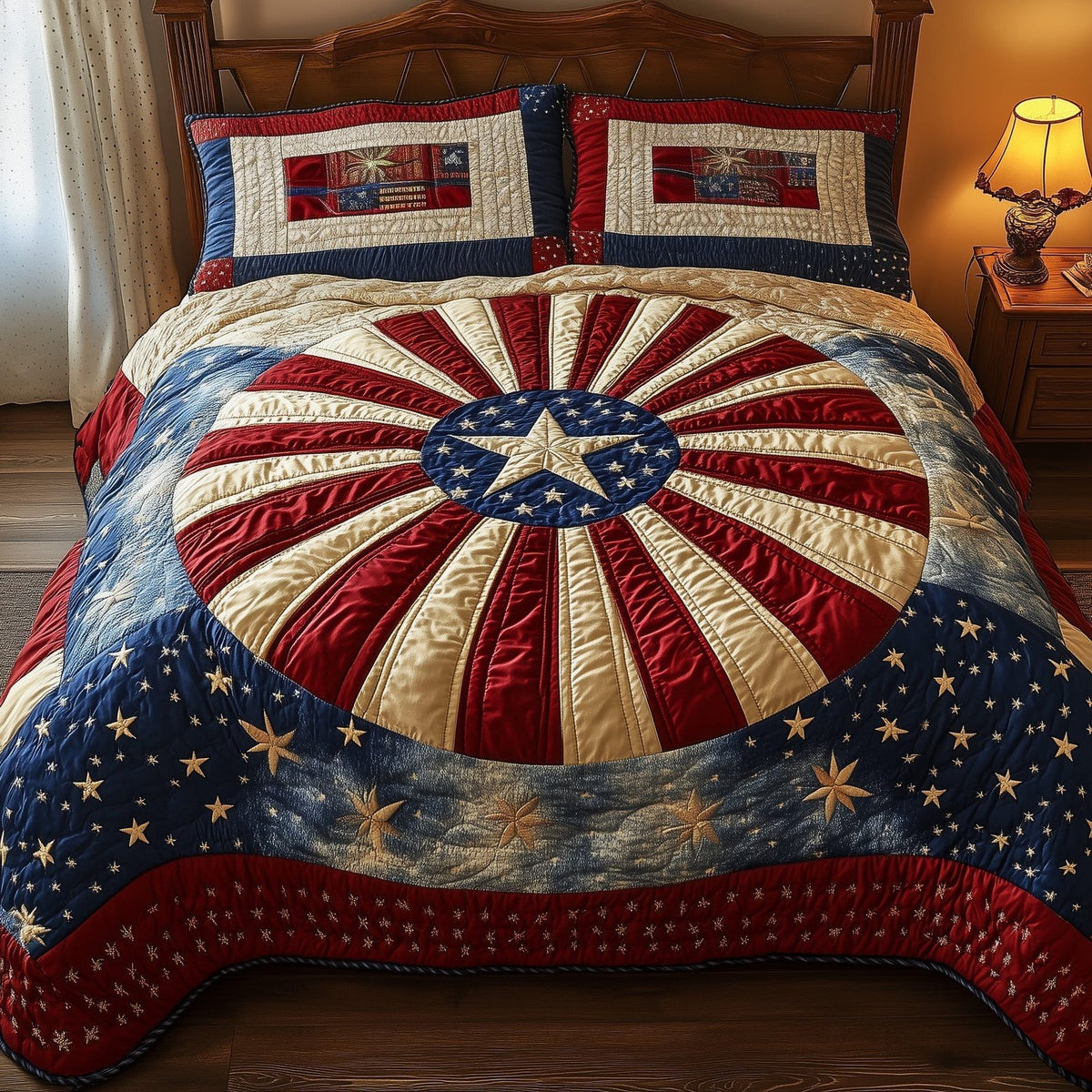 Heritage Mandala Bloom quilted 3-piece bedding set on a made bed in a farmhouse bedroom