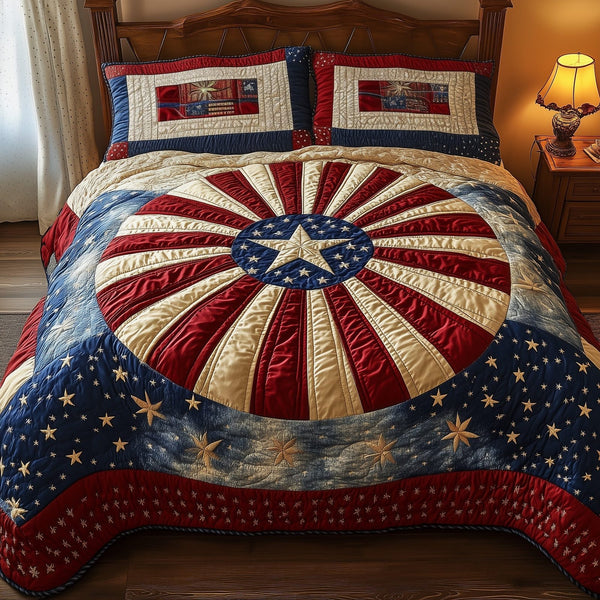 Heritage Mandala Bloom quilted 3-piece bedding set on a made bed in a farmhouse bedroom