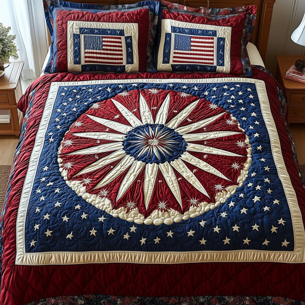 Heritage Mandala Bloom quilted 3-piece bedding set on a made bed in a farmhouse bedroom