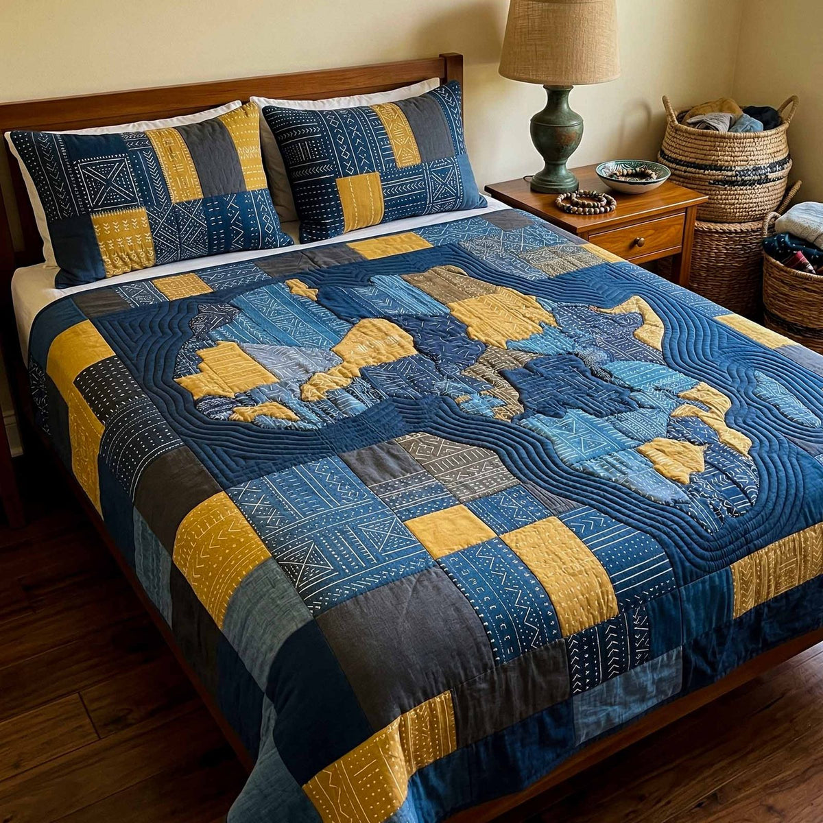 Heritage Map quilted 3-piece bedding set on a made bed in a farmhouse bedroom
