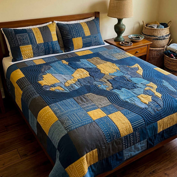 Heritage Map quilted 3-piece bedding set on a made bed in a farmhouse bedroom