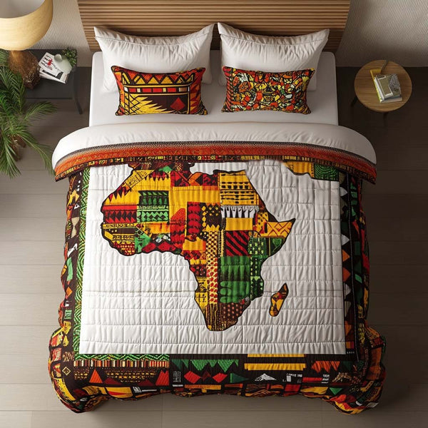 Heritage Patch Africa quilted 3-piece bedding set on a made bed in a farmhouse bedroom