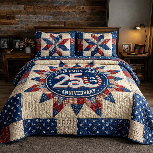 Heritage Patch quilted 3-piece bedding set on a made bed in a farmhouse bedroom