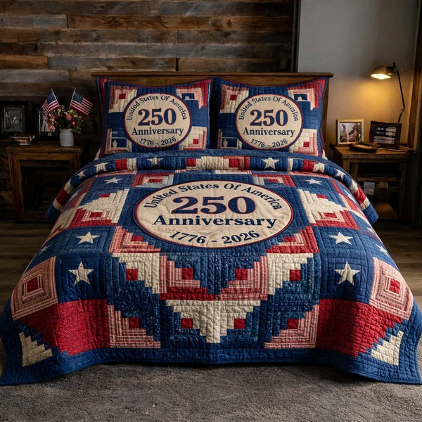 Heritage Patch quilted 3-piece bedding set on a made bed in a farmhouse bedroom