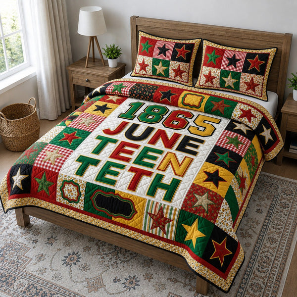 Heritage Patch quilted 3-piece bedding set on a made bed in a farmhouse bedroom